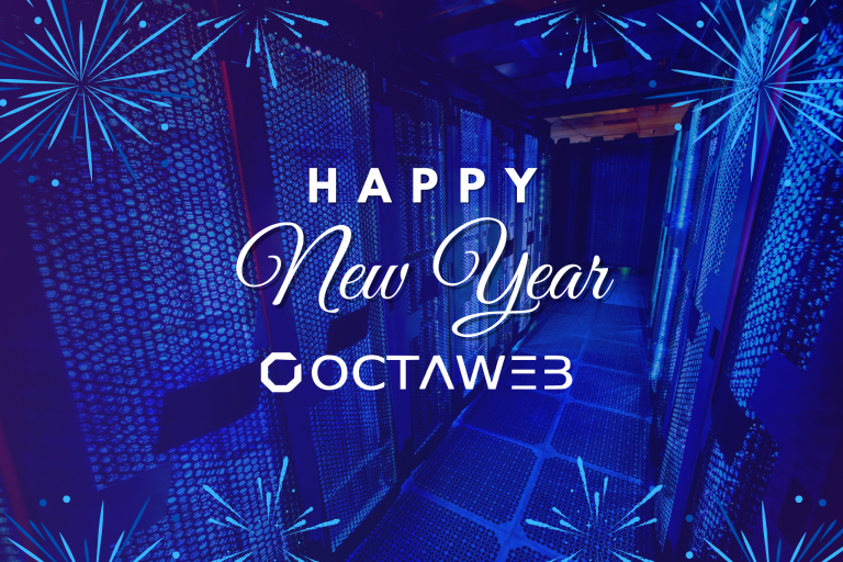 Happy New Year text over a blue-lit server room. Fireworks graphics enhance the celebratory tone. The image features the logo "OCTAWEB."